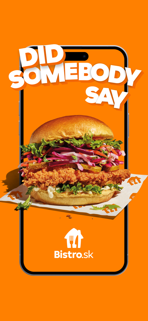 A crispy chicken burger on a smartphone screen from the Bistro.sk food delivery app