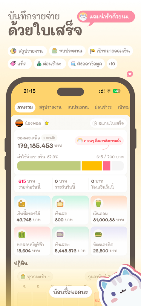 Expense tracker cute: Moneypod - Tableau de bord esthétique de l'application de suivi des dépenses Moneypod, présentant des couleurs pastel, des icônes mignonnes et un mascotte chat