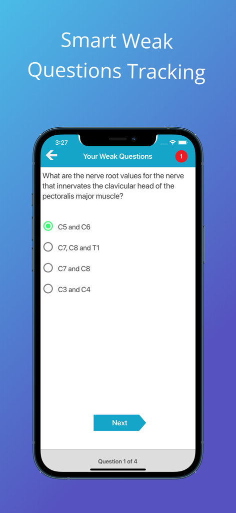 Anatomy quiz interface showing the smart weak questions tracking feature in the Muscular System Quizzes app