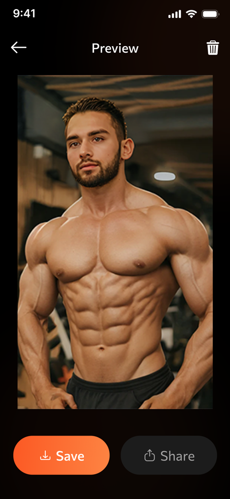Ai Muscle Body Editor - Preview screen of the Ai Muscle Body Editor app showing a man with highly defined muscular physique and options to save or share.