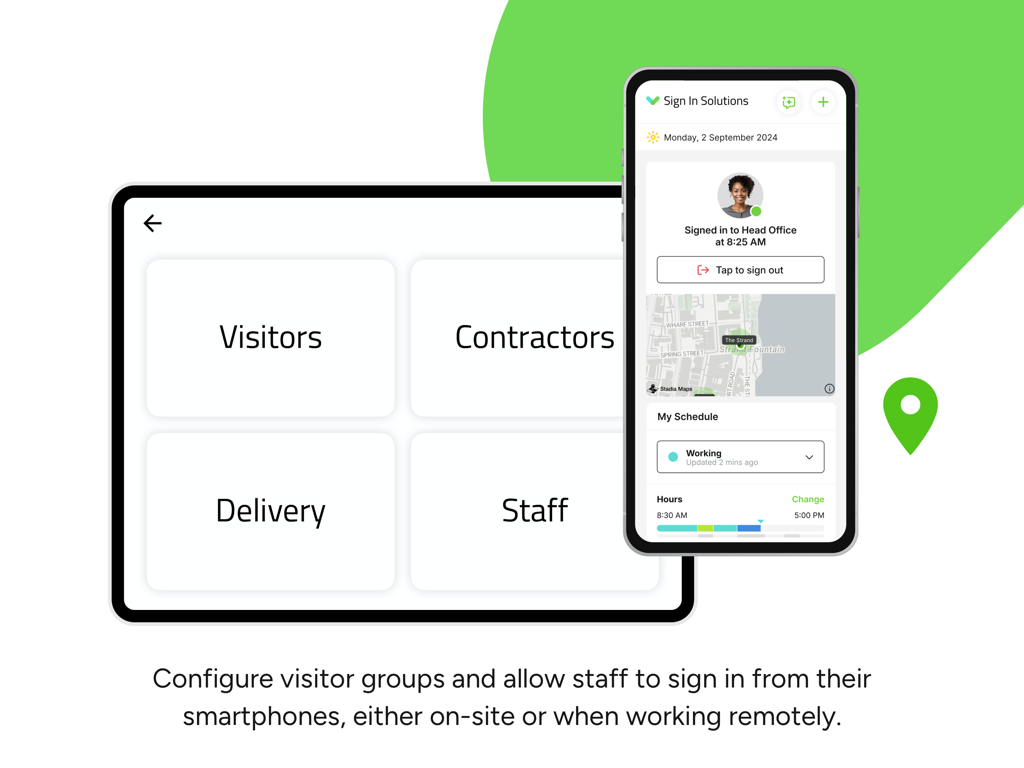 Interface de l'application Sign In sur tablette et smartphone affichant les groupes de visiteurs et l'enregistrement du personnel mobile.