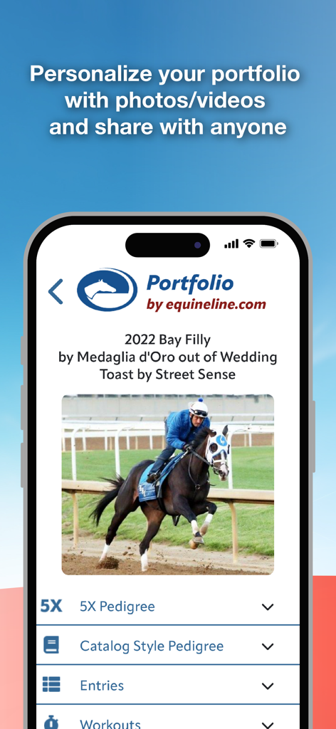 Equineline Portfolio - Equineline Portfolio app interface displaying a horse profile with photo and pedigree options