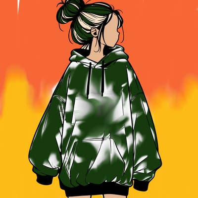 realistic girl with a oversized sweatshirt on and a bun