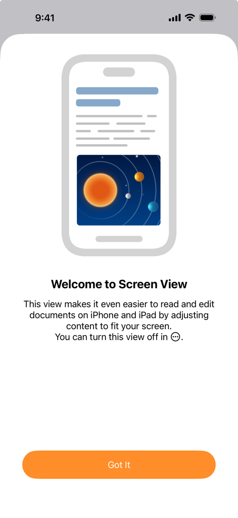 Schermata di onboarding per la funzionalità Vista Schermo nell'app Apple Pages che spiega l'ottimizzazione dei documenti per dispositivi mobili.