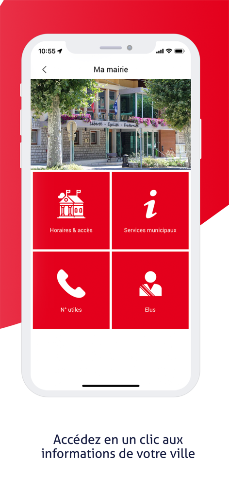 Aime-la-Plagne - Mobile app interface showing municipal services for Aime-la-Plagne including town hall hours and contact information