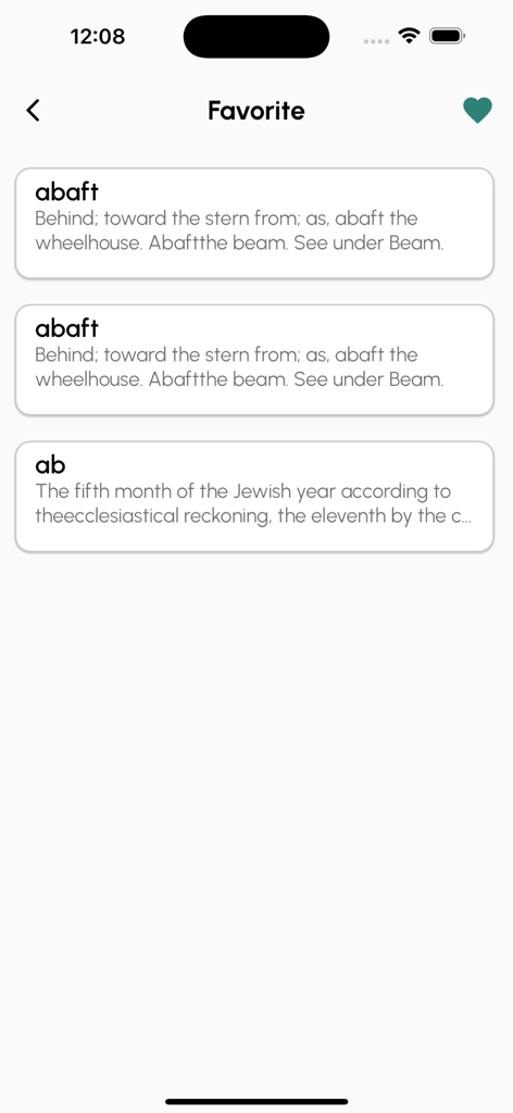 A tela de favoritos do aplicativo mostrando uma lista de palavras salvas e suas definições para estudo acadêmico