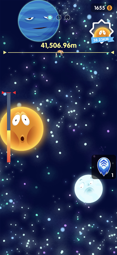 Lady Toss - Gameplay screenshot of Lady Toss showing a man being tossed high into space past funny cartoon planets.