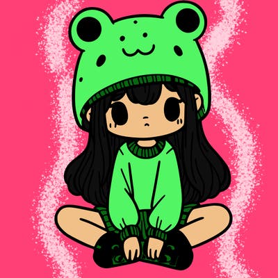 a girl wearing a frog hat and some frog socks