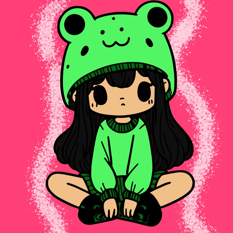 a girl wearing a frog hat and some frog socks