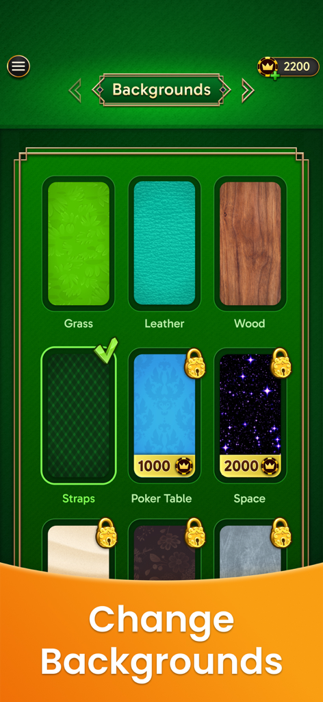 Um menu no aplicativo Domino Legends mostrando várias opções de fundo de mesa como grama, couro e madeira.