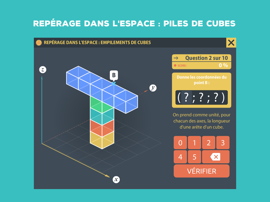 Repérage - Interface educativa mostrando um exercício de geometria de coordenadas 3D com uma pilha de cubos num eixo XYZ.