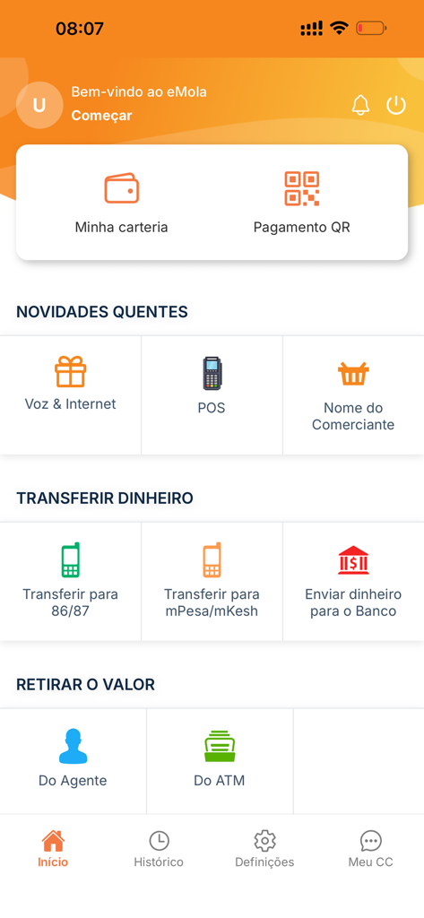 e-Mola mobile money app home screen showing options for money transfer QR payment and withdrawals