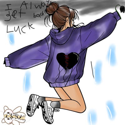 realistic girl jumping with a bun and oversized sweatshirt