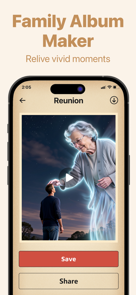 Photo Revive AI 앱 인터페이스에 감동적인 AI 애니메이션 가족 상봉 비디오 표시