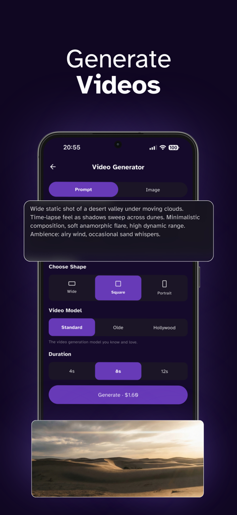DeepAI: AI Chat, Image & Video - DeepAI app interface showing the video generator tool with a text prompt for a desert landscape and customization options for shape and duration