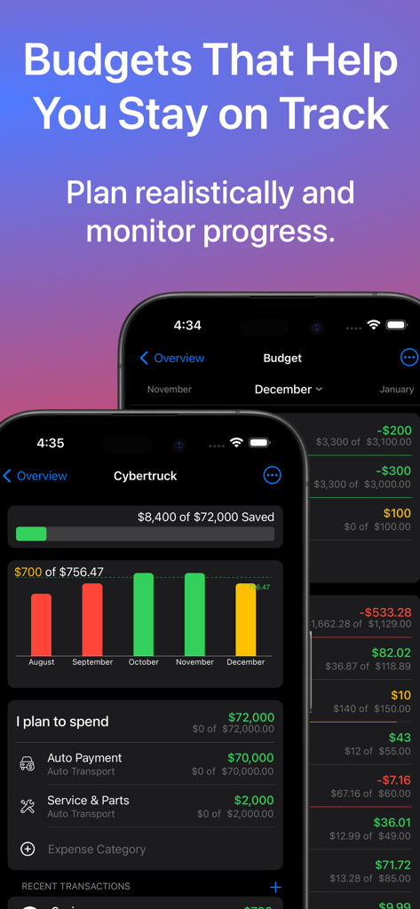 Money app interface on iPhone showing a savings goal with a progress bar and monthly spending charts
