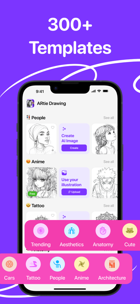 ARtie: AR Drawing & Sketch - Interface de l'application ARtie présentant une bibliothèque de plus de 300 modèles de dessin et catégories créatives.