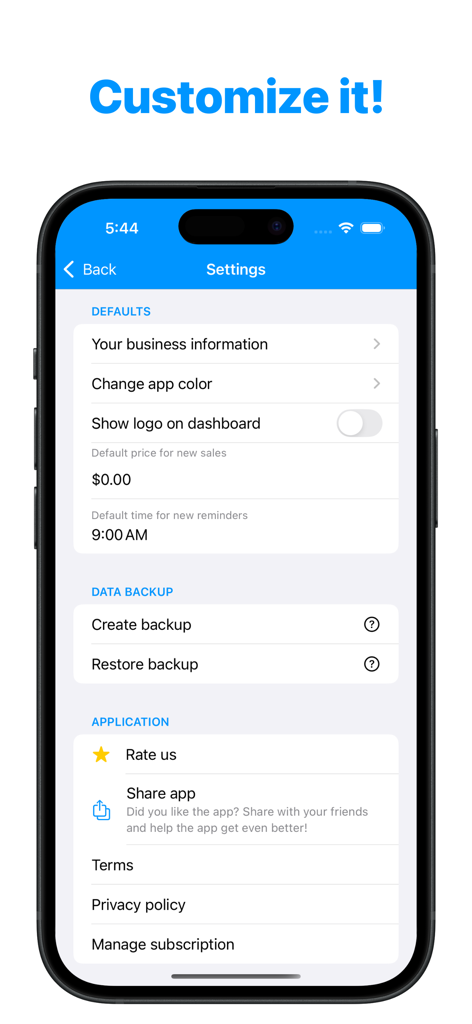 Simple Sales Management - Einstellungen-Bildschirm für die Anpassung der Einfache Verkaufsverwaltung-App