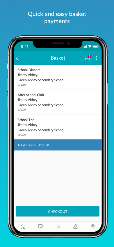 School Gateway - School Gateway app screenshot showing the payment basket with school dinner and trip items ready for checkout