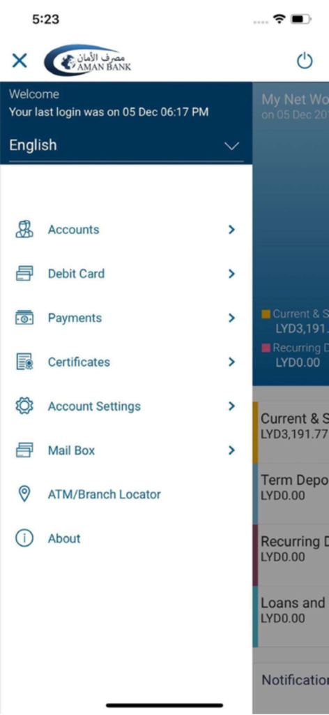 Aman Mobile - Menu lateral do aplicativo bancário Aman Mobile com opções de navegação como contas e pagamentos.