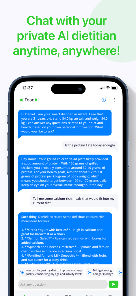 Calorie Tracker・Diet: Food AI - Une interface d'application mobile montrant une discussion avec un diététicien IA fournissant des conseils nutritionnels personnalisés et des recommandations de repas.