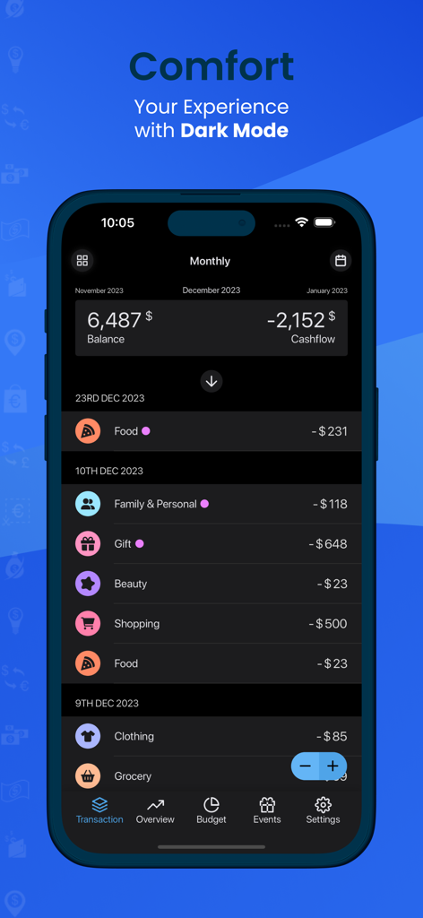 Expense Now アプリのスクリーンショット。ダークモードで毎日の取引と月次キャッシュフローが表示されています