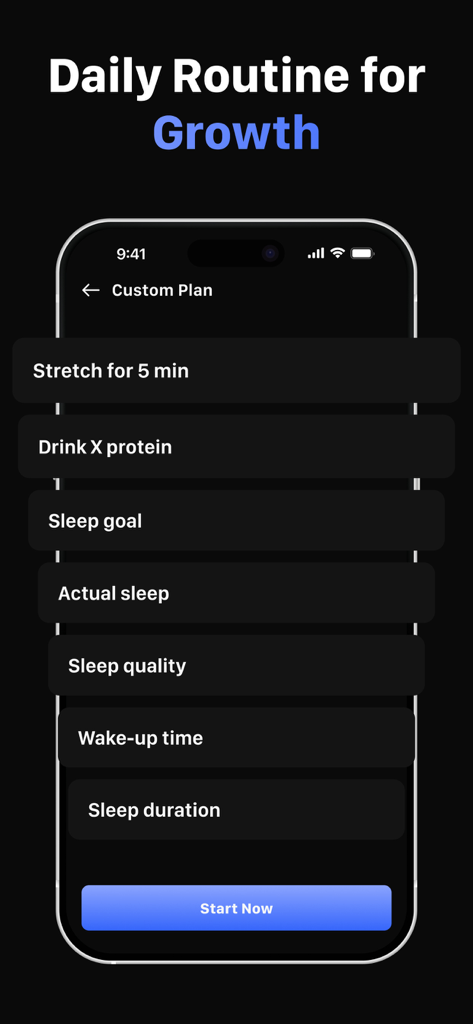 Taller - Height Predictor - Daily growth routine checklist in the Taller app featuring sleep and exercise goals