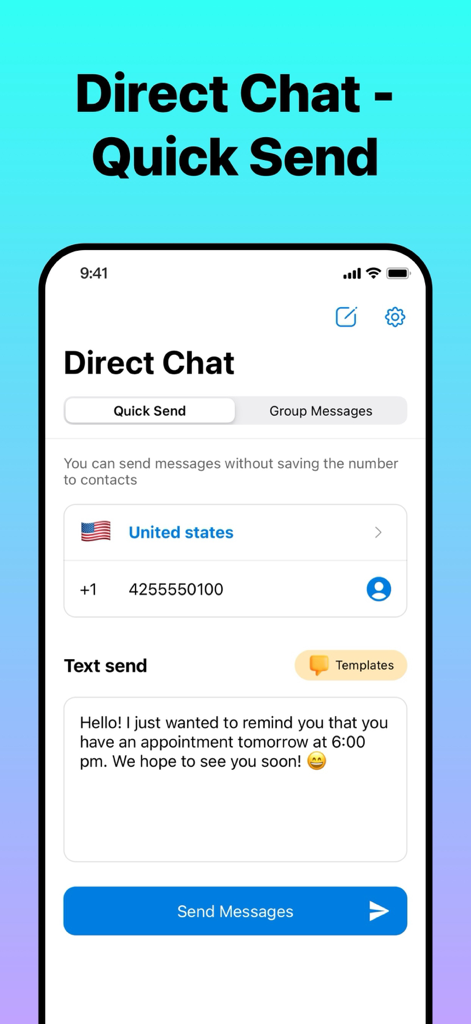 Interface de l'application Dual Messenger montrant la fonction de chat direct pour envoyer des messages à des numéros de téléphone non enregistrés.