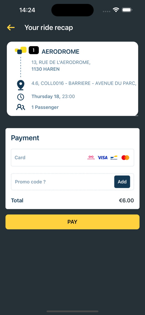 Collecto, your shared taxi - Pantalla de pago de la app Collecto que muestra un resumen del viaje con un precio fijo de 6 euros