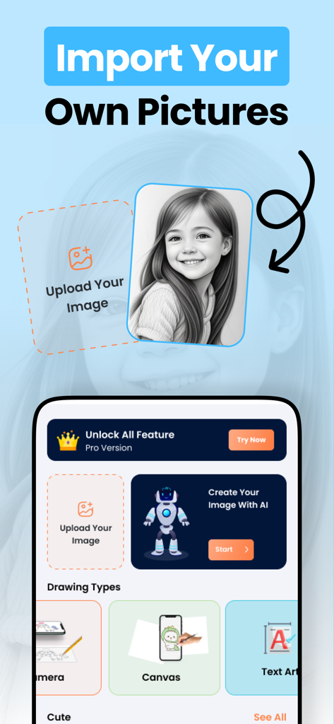 AR Drawing - Paint & Draw - Interface of the AR Drawing app showing how to import custom photos and create images with AI for tracing.