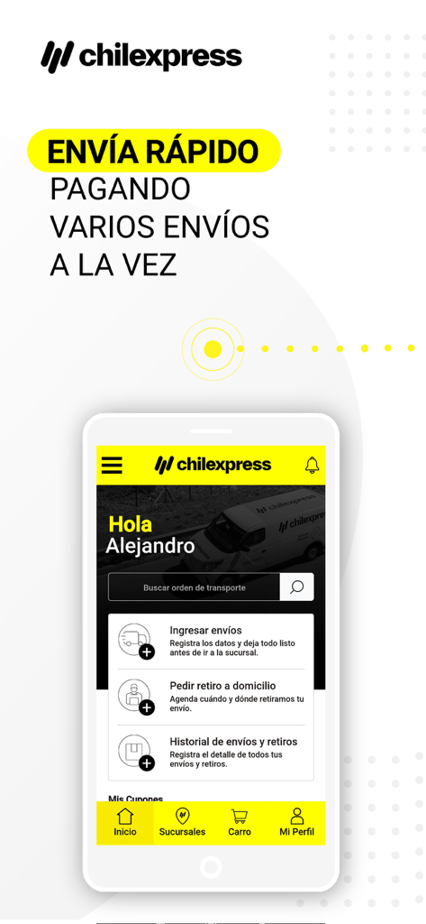 Chilexpress - Pantalla de inicio de la aplicación Chilexpress que muestra opciones para el registro de envíos y solicitudes de retiro a domicilio.
