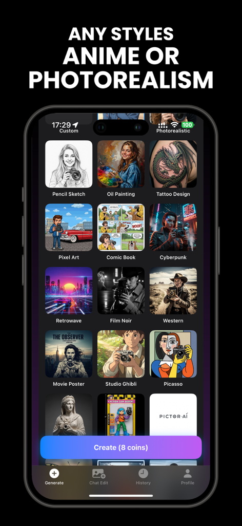 アニメ、フォトリアル、タトゥーデザインなど、さまざまなアートスタイルを示すPictorAIアプリ画面