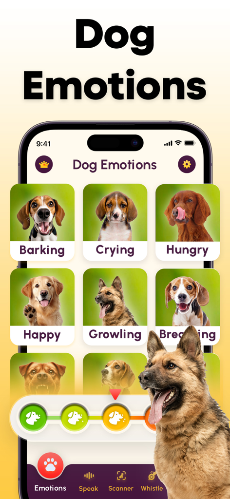 Mobile app interface showing different dog emotions like barking crying and happy
