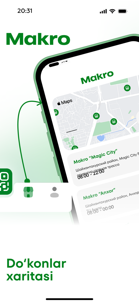 Pantalla de localización de tiendas de la App Makro mostrando un mapa con ubicaciones de supermercados y horarios de atención.