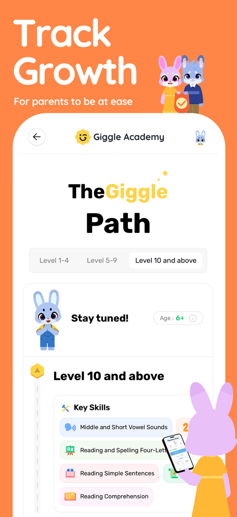 Giggle Academy - Play & Learn - Una pantalla de seguimiento del crecimiento de los padres que muestra el Camino Giggle con niveles de habilidades de lectura y alfabetización.
