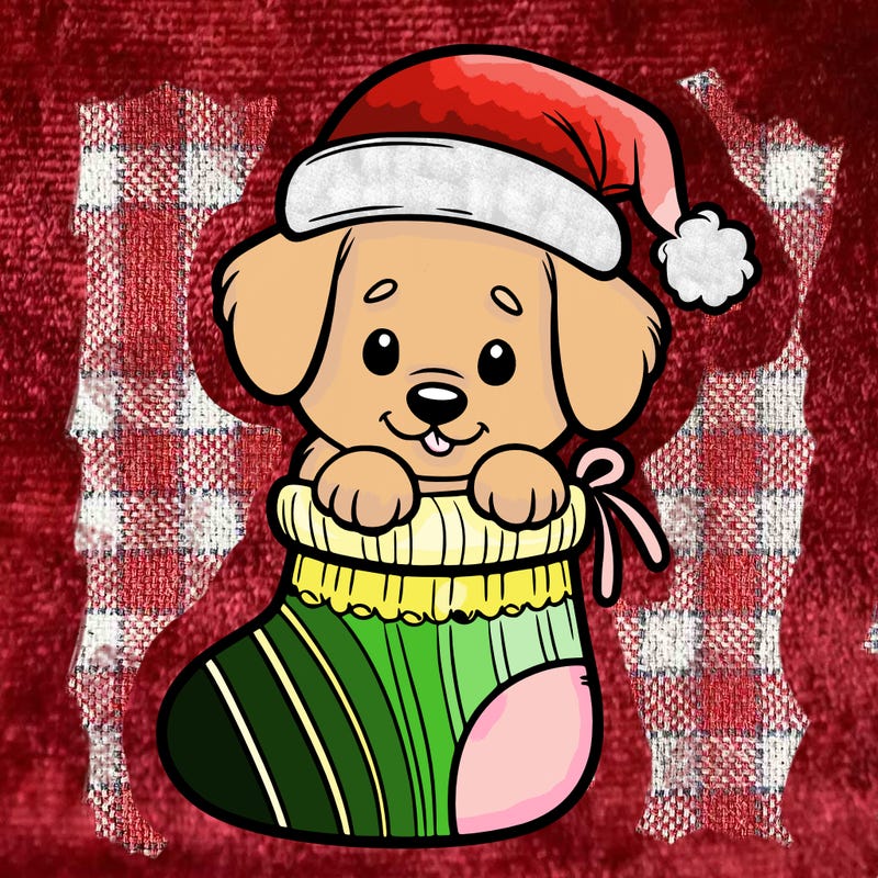 cute puppy wearing santa hat in socking