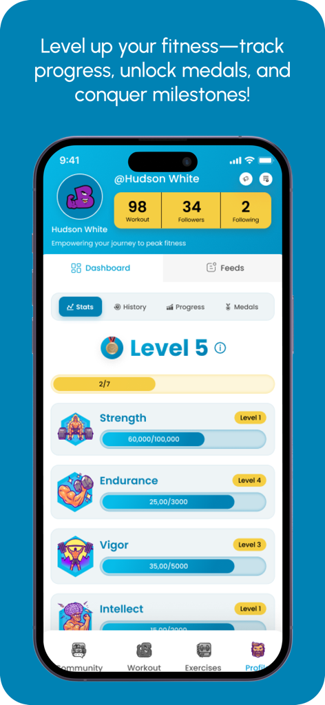 BUFF | Gym Workout Tracker - BUFF Gym Workout Tracker mobile app screen showing a user profile with level five status and fitness skill progress bars.