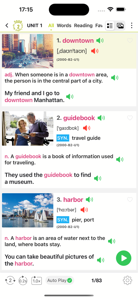 2000 Core English Words (2) - 정의, 예문 및 관련 이미지가 있는 영어 어휘 단어를 표시하는 모바일 앱 화면.