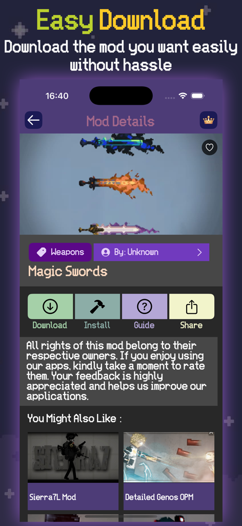 Mel Mods Skins For Ragdoll PG - In-app screen showing the Magic Swords mod details with download and installation options for Melon Sandbox