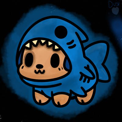 cute dog wearing a shark costume