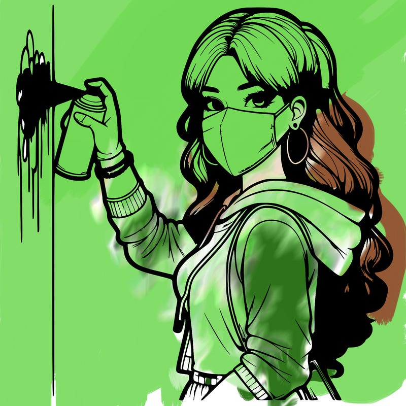 realistic girl with mask spray painting a wall