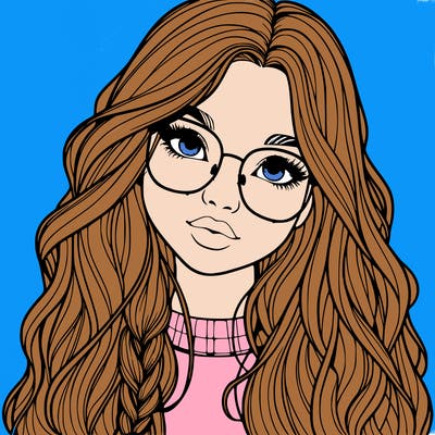 girl with long hair and freckles and glasses realistic