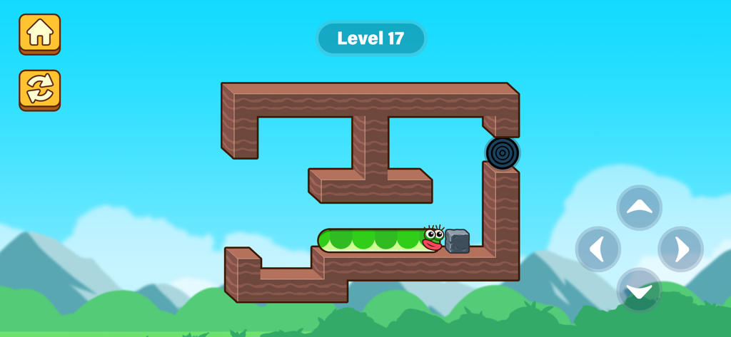 AppleWorm Apple Game - Un personaje de gusano verde empujando un bloque de piedra a través de un laberinto marrón en un juego de puzzles de lógica.