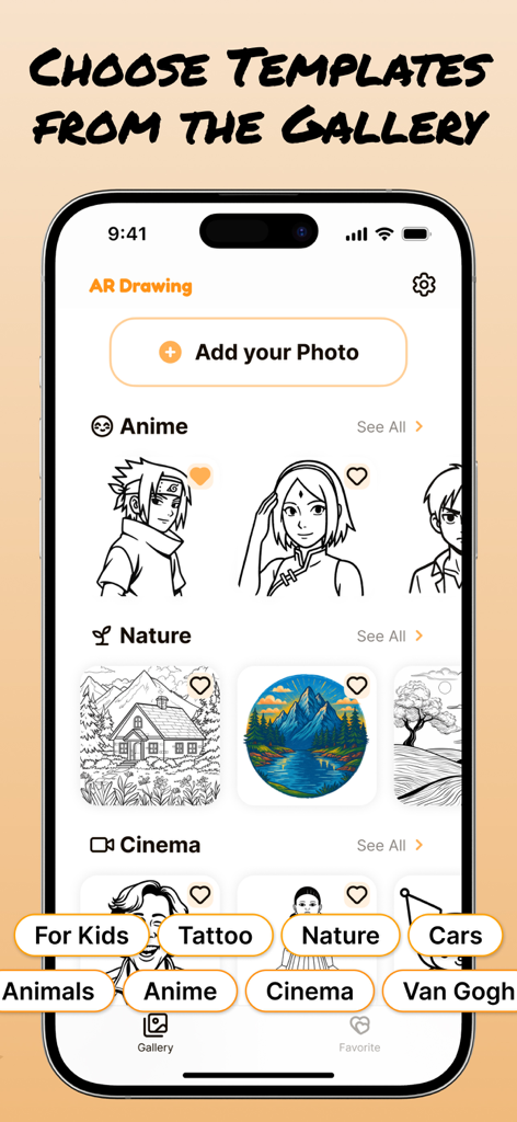 AR Draw: Sketching & Painting - Una interfaz de aplicación móvil que muestra una galería de plantillas de dibujo categorizadas por temas como Naturaleza Anime y Cine