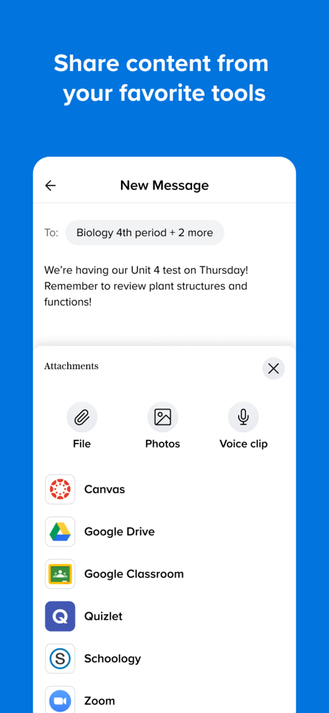 Interface of the Remind app showing options to attach content from educational tools like Google Drive and Canvas to a message