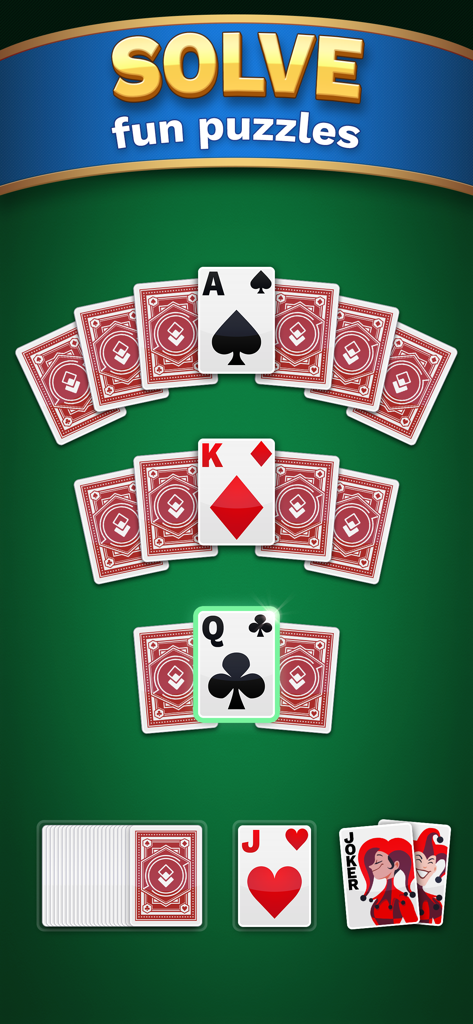 TriPeaks Solitaire Cube - Gameplay screenshot of TriPeaks Solitaire Cube showing a card layout on a green table with the text solve fun puzzles