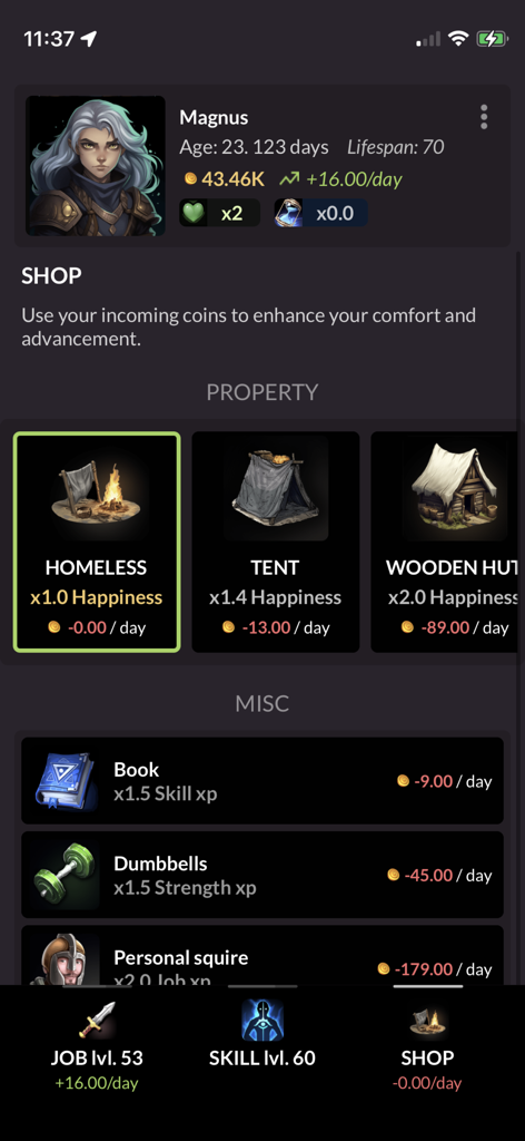 Progress Knight: Remastered - In-game shop interface in Progress Knight Remastered showing property and skill upgrades