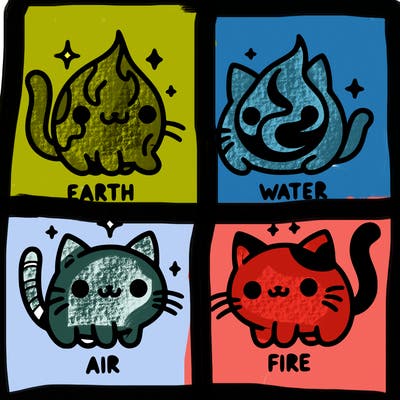 4 cats that represent the different elements, earth, water, air, and fire