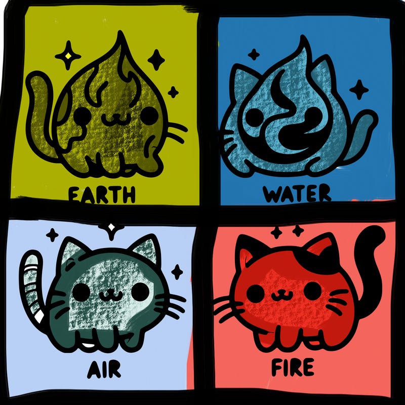 4 cats that represent the different elements, earth, water, air, and fire