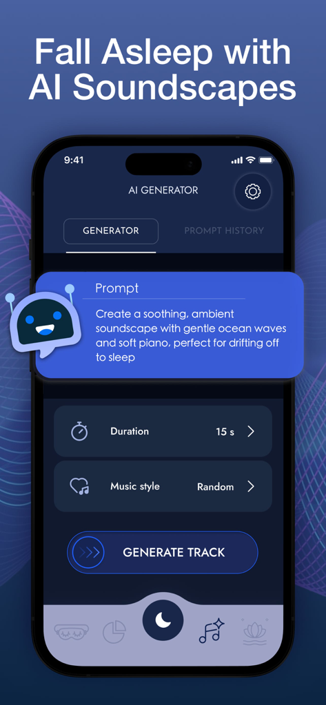 Snore Recorder - Sleep Monitor - Interfaz de aplicación móvil para crear paisajes sonoros de sueño impulsados por IA con indicaciones personalizadas